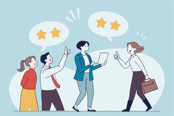 Employee feedback, opinion or rating review, customer service quality, survey result or social media comment, appraisal, evaluation or ranking concept, business people giving feedback communication.