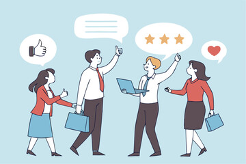 Employee feedback, opinion or rating review, customer service quality, survey result or social media comment, appraisal, evaluation or ranking concept, business people giving feedback communication.