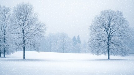 Fototapeta premium A soft snowfall over a quiet, snow-covered field, with trees lightly dusted in white and plenty of copy space.