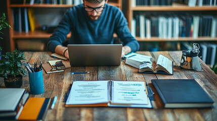 teacher in a library with books and a laptop preparing for the lecture at university