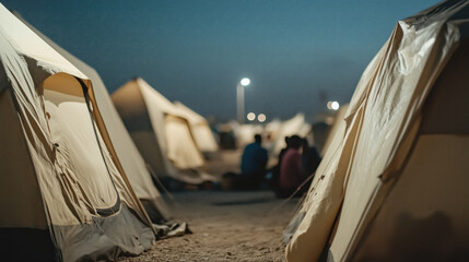 White canvas tents illuminated at night in refugee camp. Humanitarian aid and emergency shelter