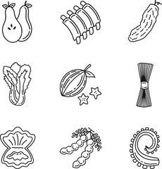 healthy food icons consist of beef ribs, bitter melon, white cabbage, star fruit, pasta, clams, tamarind, octopus with line art style