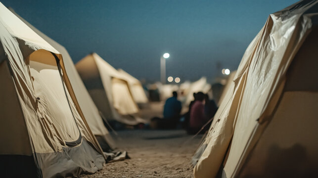 White canvas tents illuminated at night in refugee camp. Humanitarian aid and emergency shelter
