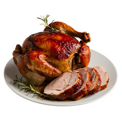 Roasted Chicken with Glaze and Rosemary Garnish Isolated on Transparent Background PNG