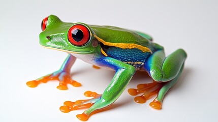 Obraz premium A stunning close-up of a vibrant green red-eyed tree frog, featuring striking blue and yellow stripes along its back, paired with captivating large red eyes