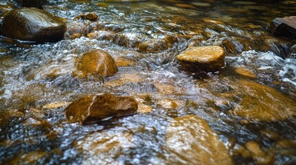Obraz premium Clear water flowing smoothly over smooth rocks in a stream, creating light reflections on the water surface.