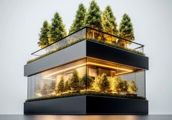 Modern architectural design with green rooftop and trees, showcasing a blend of nature and contemporary aesthetics