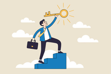 Key to business success, stairway to find secret key or achieve career target concept, businessman winner walk up to top of stairway lifting golden success key to the sky.
