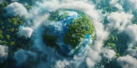 Fototapeta premium Planet Earth Surrounded by Clouds: A captivating view of planet Earth, a vibrant tapestry of land and water, enveloped in a fluffy embrace of clouds, showcasing the beauty and fragility of our home.