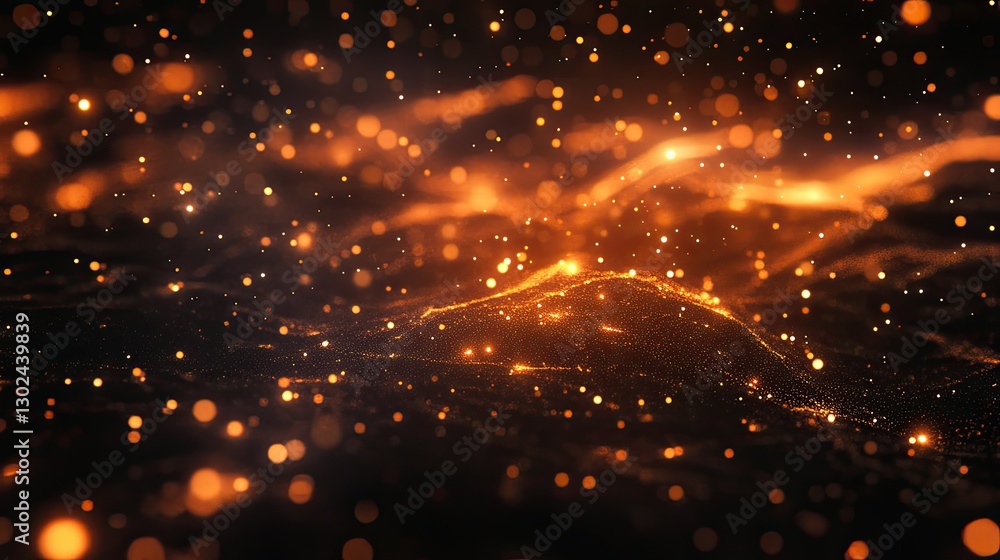 Poster glowing particles floating in the air, softly glowing against a dark background, creating an ambient