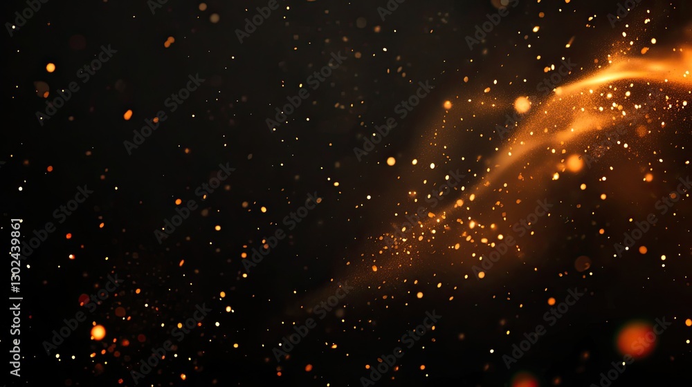 Poster glowing sparks floating through the air, gently illuminating the darkness with space surrounding the