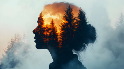 Woman's silhouette merged with nature's beauty