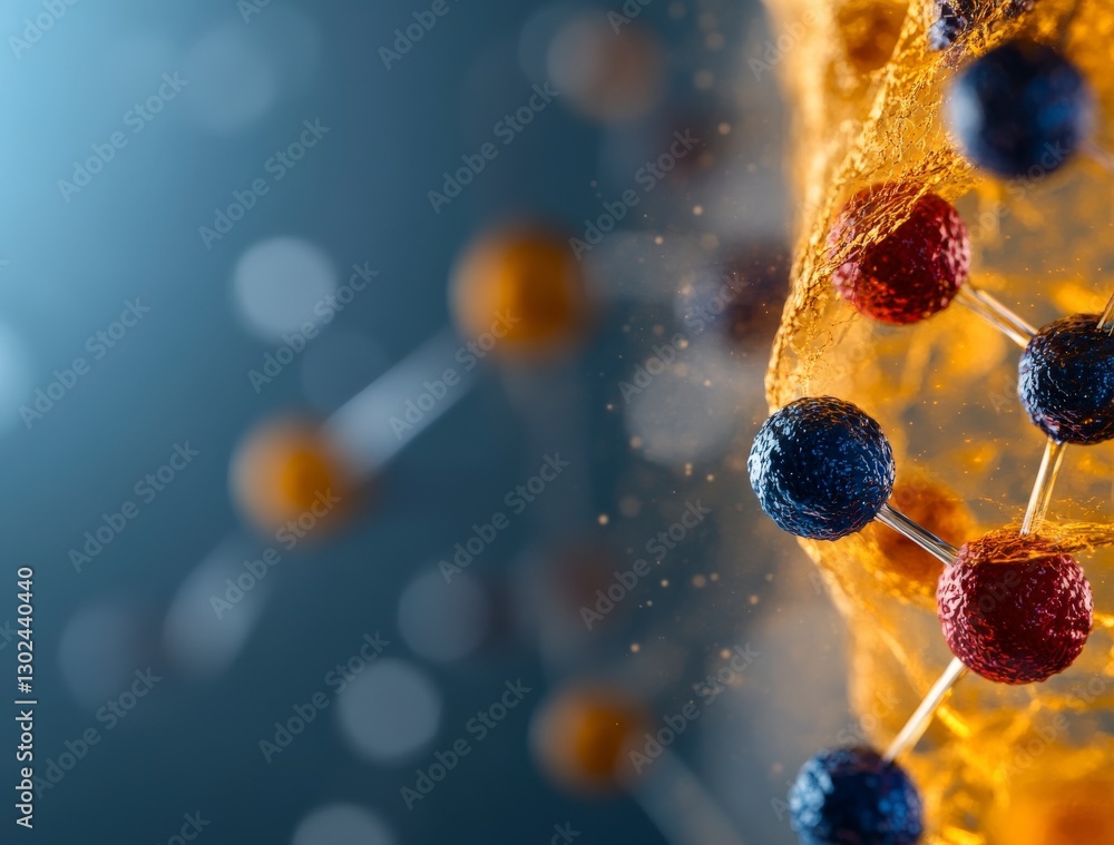 Poster abstract representation of molecular structures with colorful atoms and soft light on a dark backgro