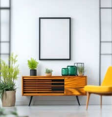 Modern Living Room with Wooden Sideboard and Minimalist Decor in Bright Interior Space