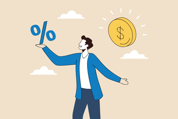 Lending, mortgage or loan interest rate, financial credit, economy growth or income tax calculation, debt or financial credit, investment concept, businessman holding dollar money coin and percentage.