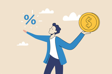 Lending, mortgage or loan interest rate, financial credit, economy growth or income tax calculation, debt or financial credit, investment concept, businessman holding dollar money coin and percentage.