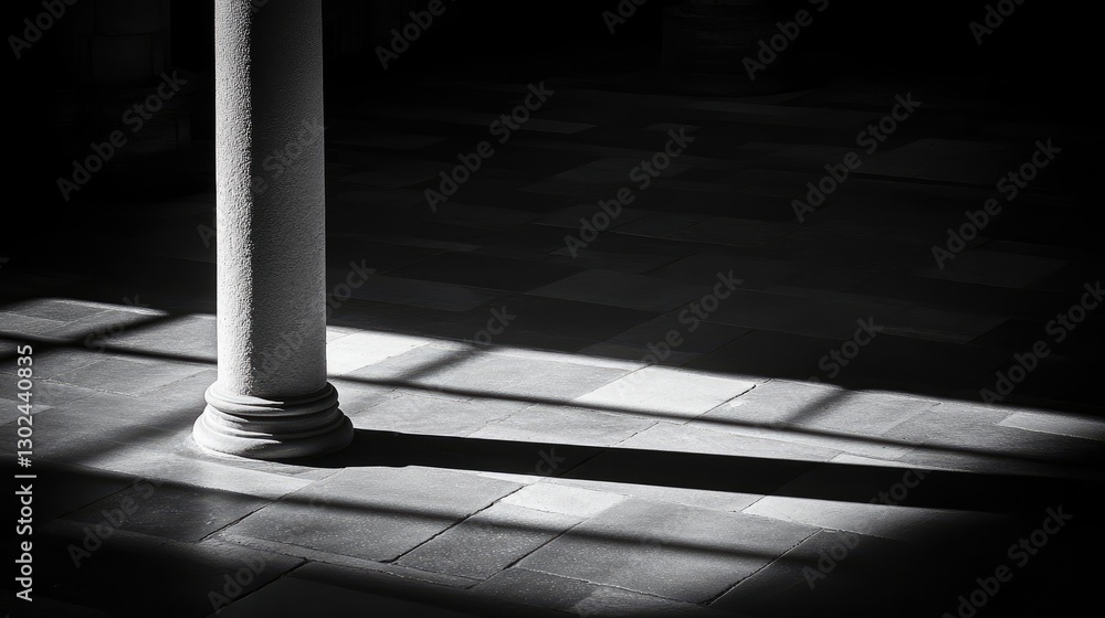 Poster strong architectural shadows cast by a pillar on the floor, creating clean, geometric patterns in a 