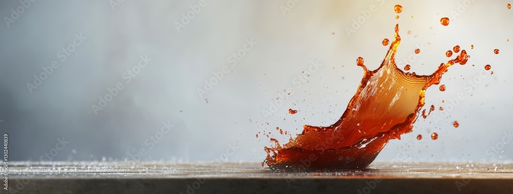 Poster splash of liquid creating dynamic patterns on surface with soft light background in artistic composi