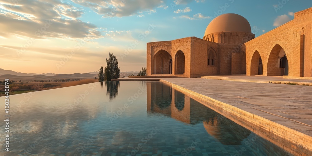 Poster tranquil oasis: a grand architectural structure with a reflecting pool, capturing the seamless merge