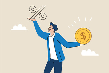 Lending, mortgage or loan interest rate, financial credit, economy growth or income tax calculation, debt or financial credit, investment concept, businessman holding dollar money coin and percentage.