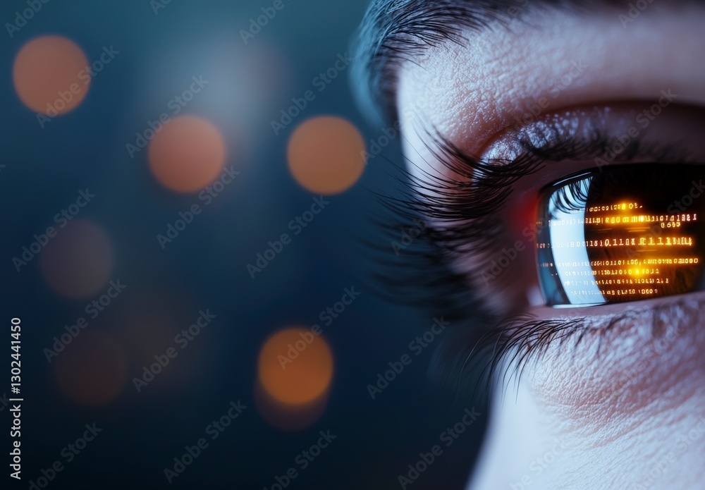Poster close-up of eye with digital effects and binary code representing technology and modern innovations