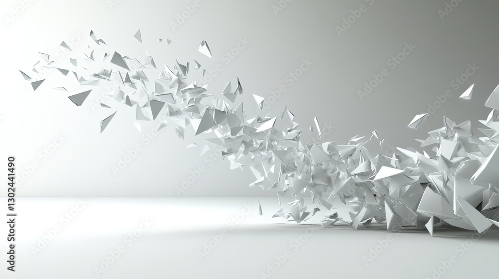 Poster d animated geometric figures breaking apart and reassembling in a dynamic motion, surrounded by an e