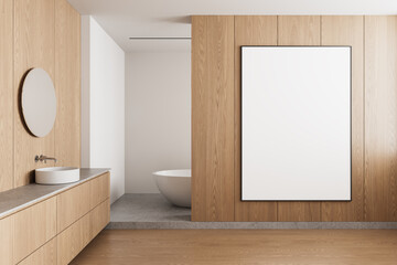 Modern bathroom interior with framed blank poster on wooden wall. 3D Rendering