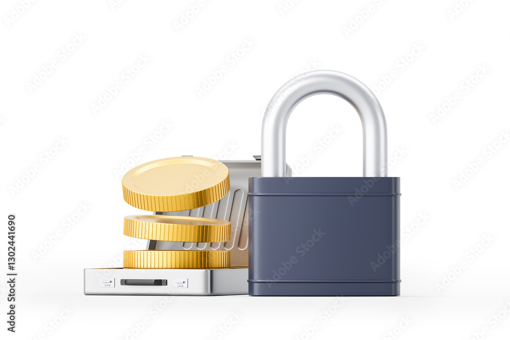 Poster secure financial transaction with padlock and gold coins. 3d rendering