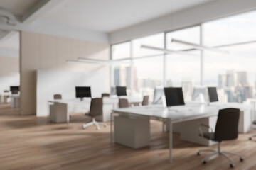 Modern office interior with computers and chairs. 3D Rendering