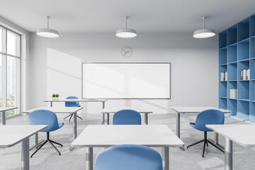 Modern office interior with whiteboard and blue chairs. 3D Rendering
