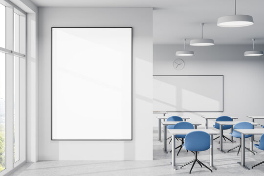 Empty poster mockup in modern classroom interior. 3D Rendering