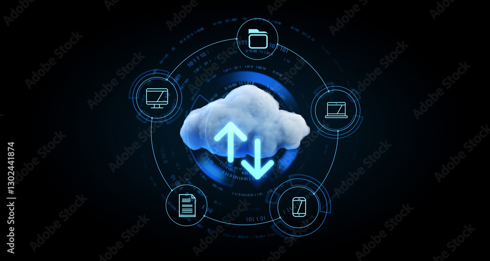 Poster cloud computing concept with data transfer symbols. 3d rendering