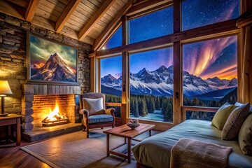 Cozy Mountain Cabin Bedroom with Fireplace & Stunning View - Night Photography Stock Photo