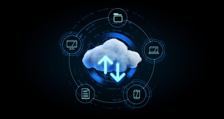 Cloud computing concept with data transfer symbols. 3D Rendering