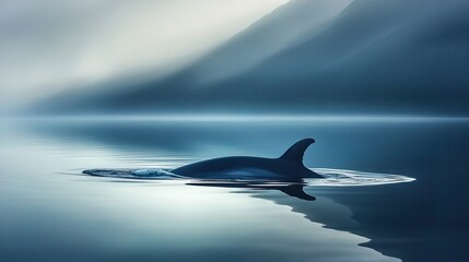 Obraz premium A wildlife photographer capturing a whale surfacing in the tranquil waters of the Inside Passage, breathtaking reflections of the mountains