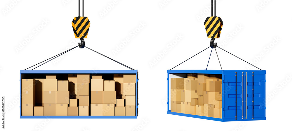 Poster shipping containers filled with cardboard boxes suspended by crane hooks. 3d rendering