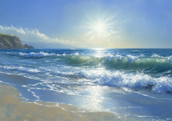 Fototapeta premium Serene Coastal Scene with Bright Sunlight Reflecting on Gentle Waves and Sandy Beach Under a Clear Blue Sky in Warm Gentle Sunrise