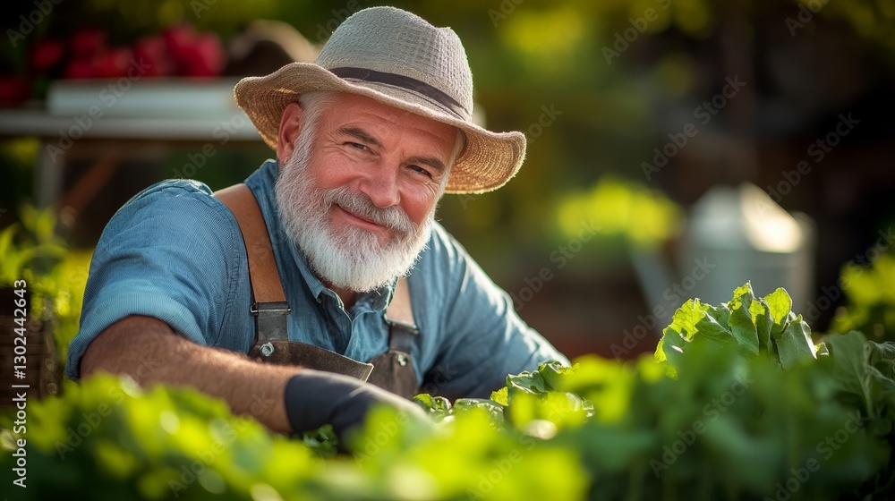 Aufkleber man in a straw hat is smiling while working in a garden. he is surrounded by green plants and has a 