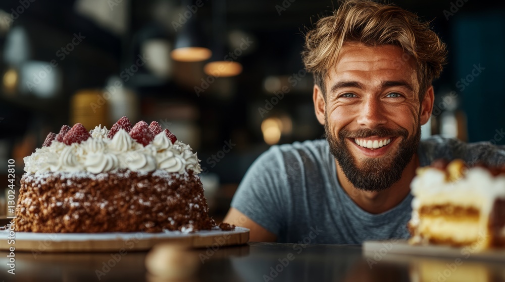 Poster man is smiling and posing in front of a cake and a piece of cake. the cake is decorated with strawbe