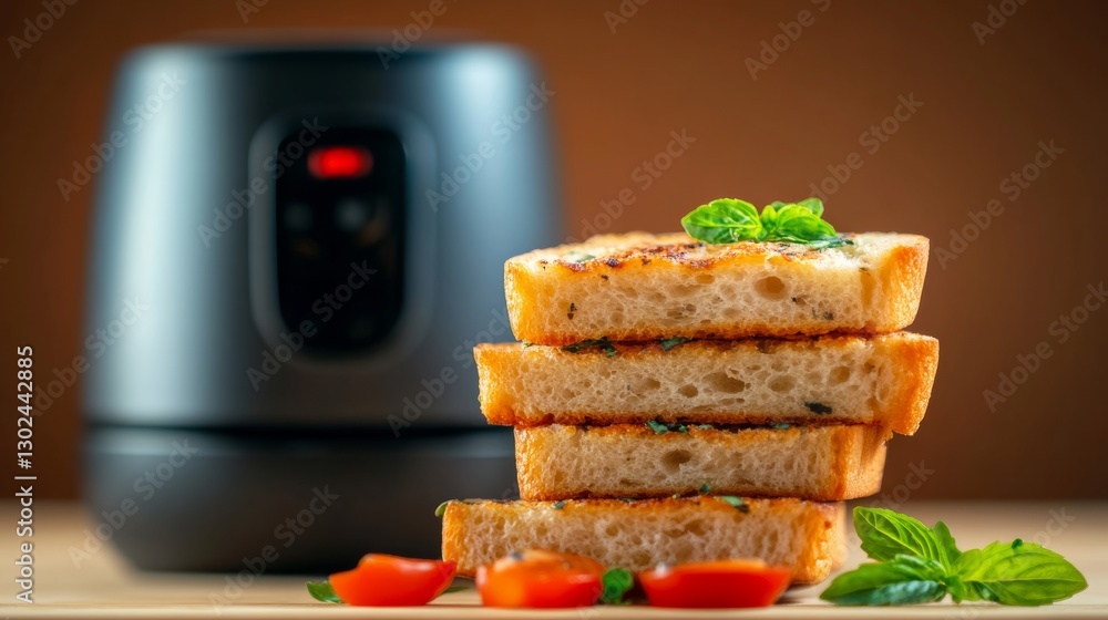 Poster stack of bread with a basil leaf on top. the bread is on a table next to a toaster