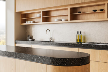 Modern minimalist kitchen interior with wooden cabinetry and terrazzo countertops. 3D Rendering