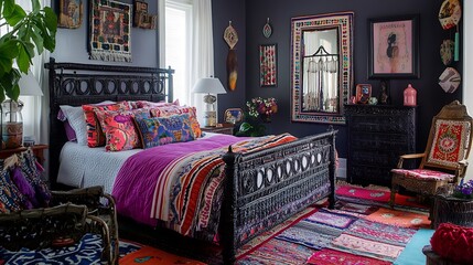 Bohemian Bedroom Interior with Dark Walls and Colorful Textiles