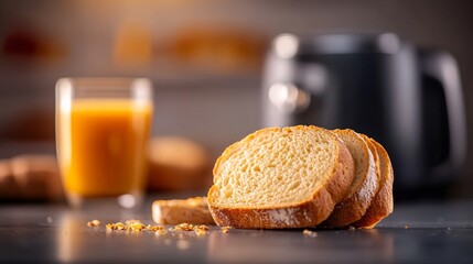 Close up of a loaf of bread with a glass of orange juice next to it. The bread is cut into slices and the juice is in a glass. Concept of comfort and relaxation