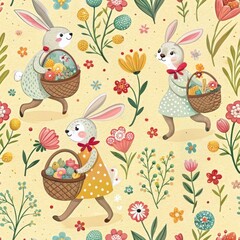 Obraz premium Seamless Spring Celebration Rabbits Gathering Flowers Nature Digital Illustration Whimsical Joyful Concept
