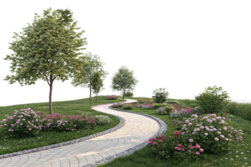 A curving pathway lined with blooming pink flowers and lush green trees, surrounded by a vibrant garden under soft natural light, isolated on a transparent background