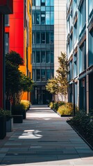 A vibrant modern pathway surrounded by colorful contemporary buildings. Lush greenery enhances the urban aesthetic. A perfect blend of nature and architecture. Generative AI