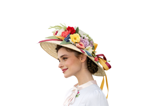 A delicate straw hat featuring an array of flowers, tied with red and gold ribbons, worn by a graceful woman in a high-neck blouse, isolated on a transparent background
