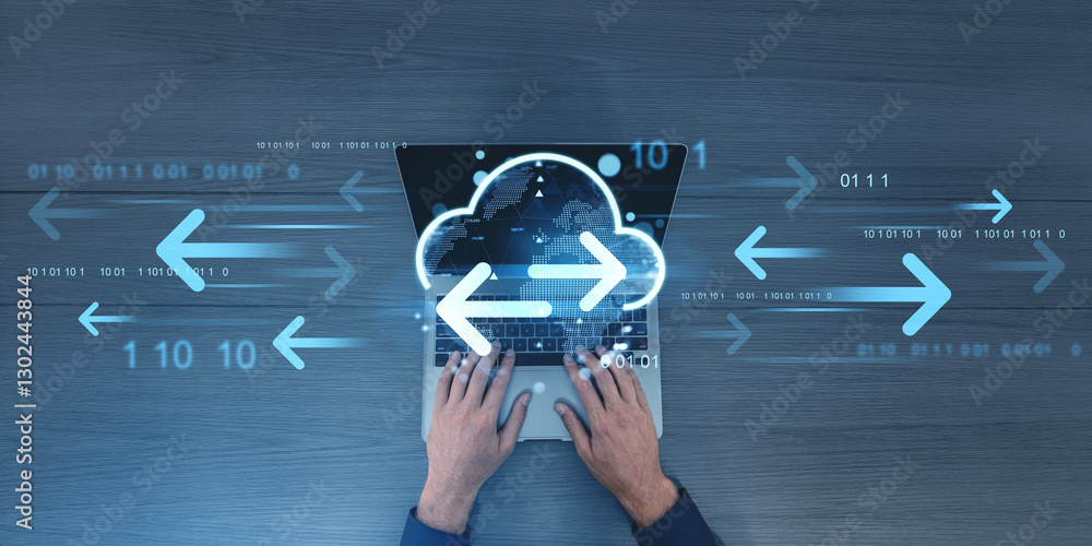 Poster cloud data transfer concept with digital arrows and binary code.