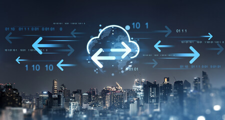 Cloud data transfer concept with glowing arrows and binary code.