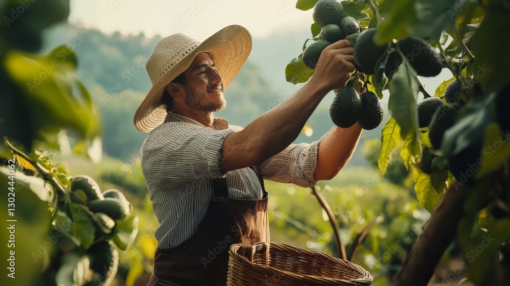 Poster man wearing a straw hat is picking avocados from a tree. he is smiling as he works